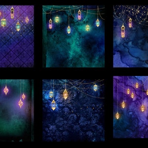 May include: Six digital paper backgrounds featuring a dark blue and teal watercolor wash with gold string lights and hanging lanterns. The lanterns are in various colors, including pink, purple, blue, and yellow.