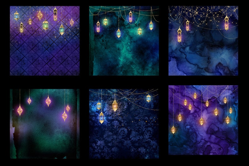 May include: Six digital paper backgrounds featuring a dark blue and teal watercolor wash with gold string lights and hanging lanterns. The lanterns are in various colors, including pink, purple, blue, and yellow.