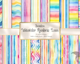 Peut inclure: Un ensemble de 20 motifs numériques sans couture de lignes arc-en-ciel aquarelle. Les motifs sont dans différentes nuances de rouge, orange, jaune, vert, bleu, indigo et violet. Chaque motif mesure 3600 x 3600 pixels et est au format JPEG.