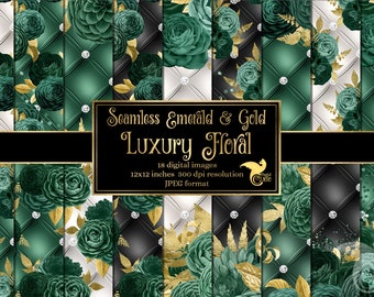 Emerald and Gold Luxury Floral Digital Paper - seamless tufted diamond backgrounds instant download for commercial use 01egd