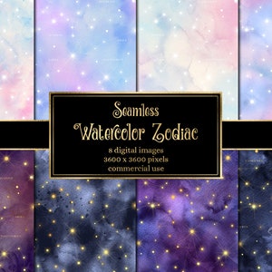 Carta digitale Watercolor Zodiac - texture senza soluzione di continuità con accenti di stelle dorate, modelli stampabili per uso commerciale
