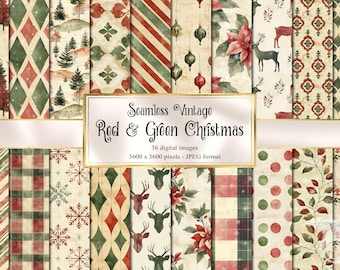 Vintage Christmas Digital Paper, Red Green Seamless Snowflake Patterns (Digital Download)
