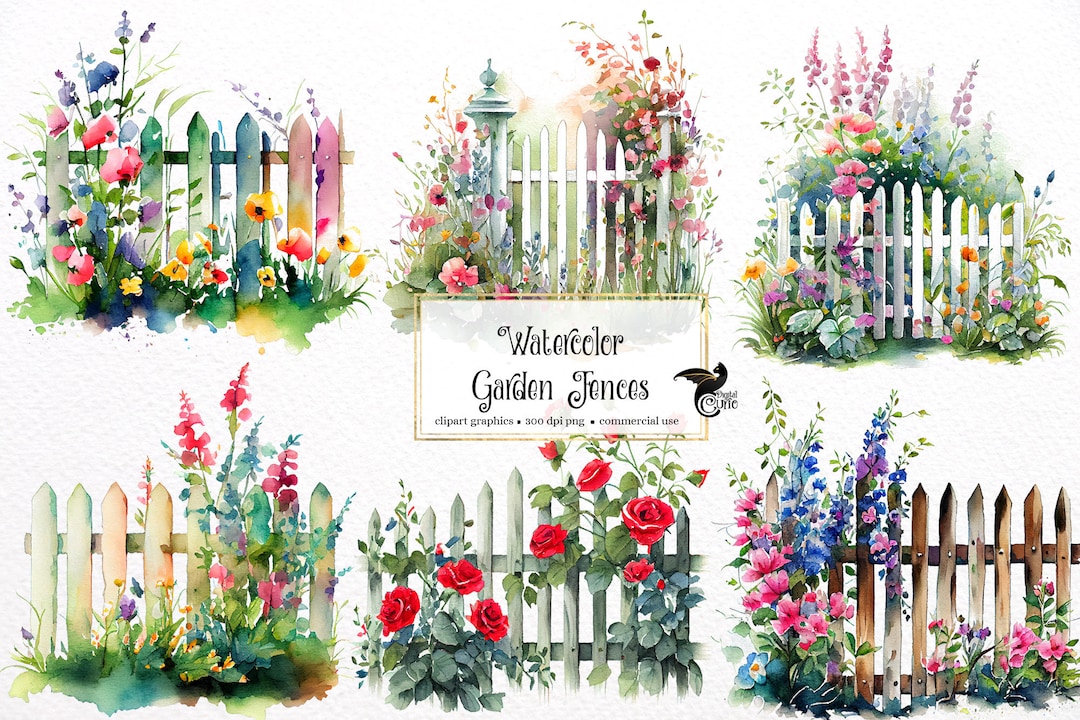 Watercolor Garden Fences Clipart Spring Floral PNG Format Instant