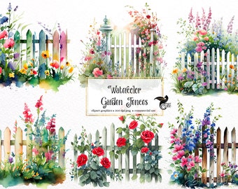 Watercolor Garden Fences Clipart - spring floral PNG format instant download for commercial use