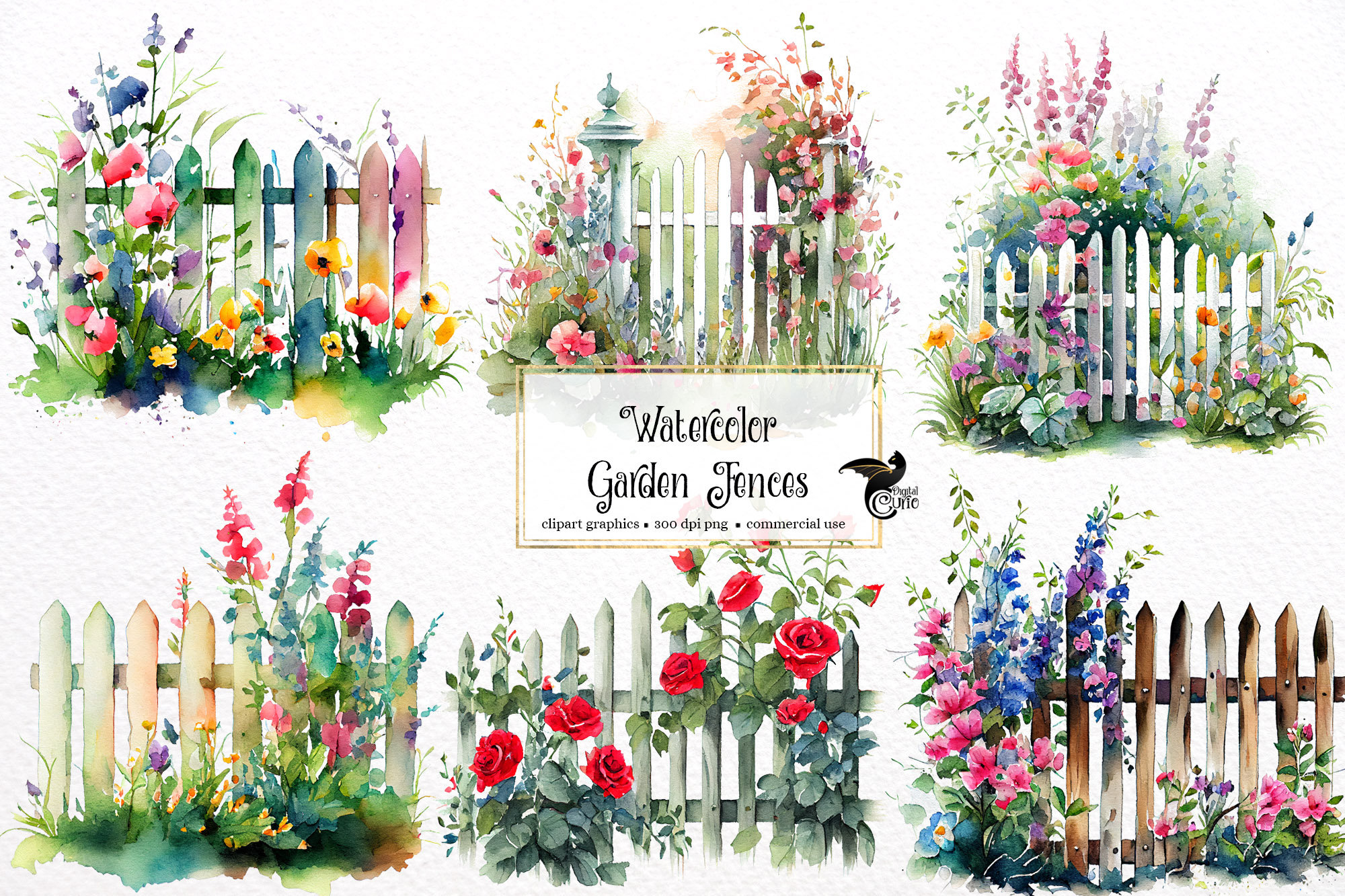 Watercolor Garden Fences Clipart Spring Floral PNG Format Etsy