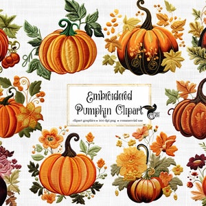 Embroidered Pumpkin Clipart - autumn cute pumpkins and flowers PNG format instant download for commercial use