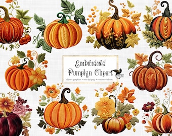 Embroidered Pumpkin Clipart - autumn cute pumpkins and flowers PNG format instant download for commercial use