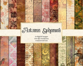Autumn Ephemera digital paper, instant download vintage scrapbook paper, shabby rustic old paper textures, decoupage printable backgrounds