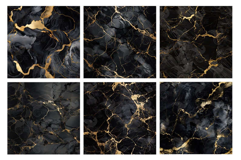 May include: Six seamless digital paper patterns featuring black marble with gold veining. The patterns are perfect for creating backgrounds, scrapbooking, and other craft projects.