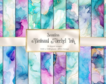 May include: Seamless digital paper pack with 20 abstract alcohol ink designs in shades of blue, purple, pink, and gold. The designs are perfect for creating backgrounds, patterns, and textures for digital and printed projects.