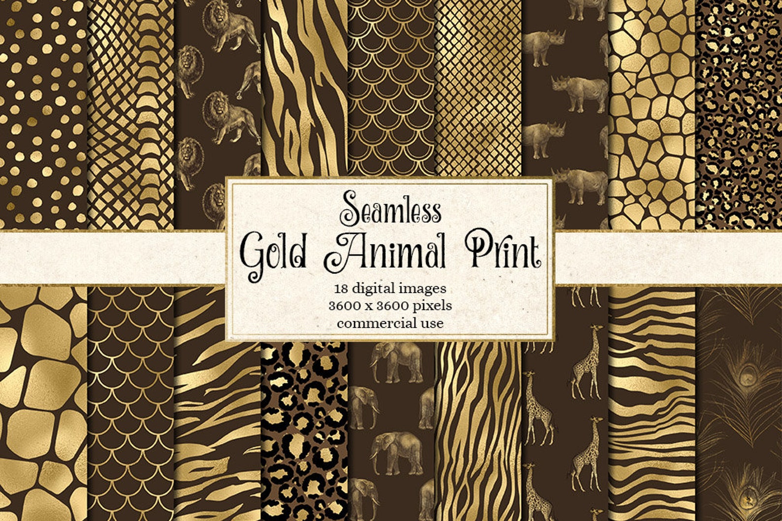 Gold Animal Print Digital Paper – 18 Seamless Jungle Patterns (digital ...