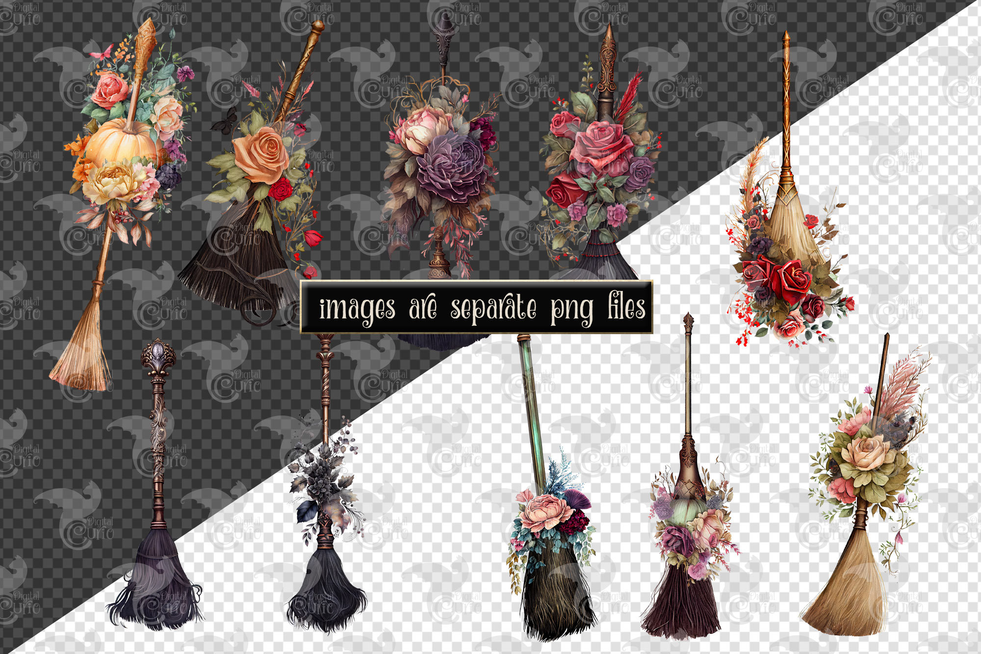 Watercolor Floral Brooms Clipart – Cottagecore Witch PNG (digital ...