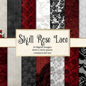 Skull Rose Lace Digital Paper, Halloween damask lace, vintage gothic red black and white skull rose digital scrapbook paper backgrounds