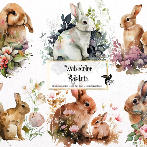 Watercolor Rabbits Clipart - springtime cute bunny rabbits with wildflowers PNG format instant download for commercial use