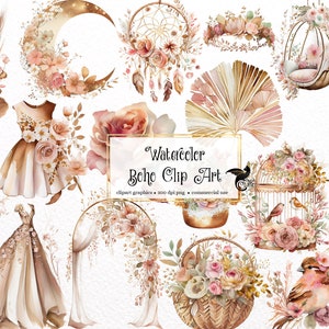 Aquarell Boho Clipart Set 1 - shabby floral Hochzeit PNG format sofortiger Download für kommerzielle Nutzung