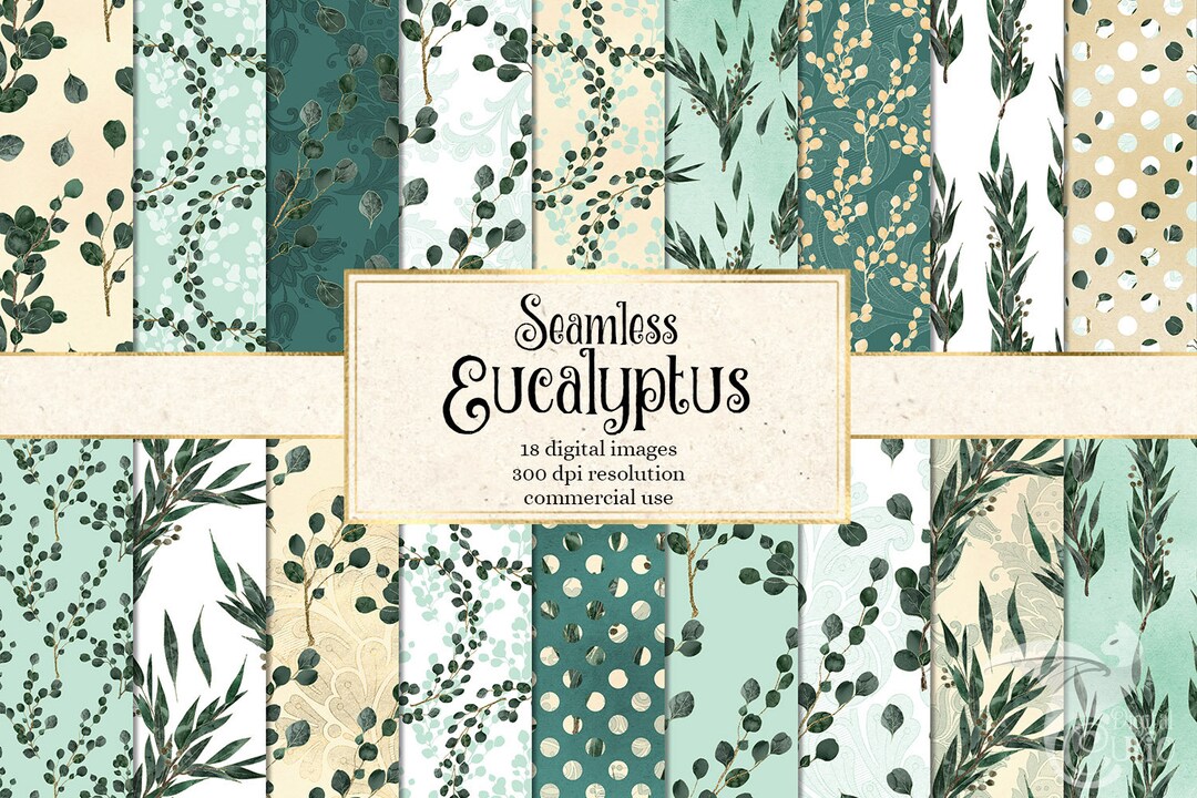Eucalyptus Digital Paper Set, Seamless Greenery Patterns (digital ...