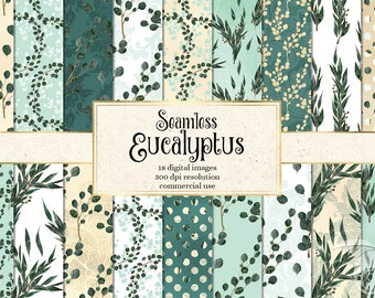 Eucalyptus Digital Paper Set, Seamless Greenery Patterns (Digital Download)