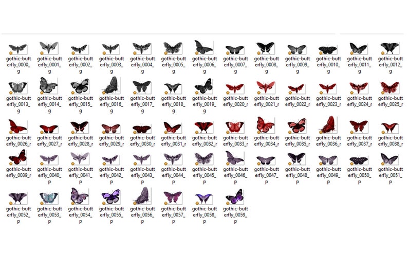 May include: A collection of 60 digital images of butterflies in various colors and patterns, including black, white, red, and purple. The butterflies are arranged in rows and columns, and each image is labeled with a unique identifier.