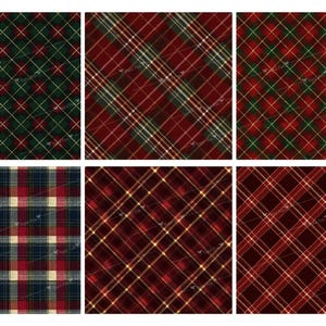 May include: A collection of six plaid patterns in various color schemes. The designs feature intersecting lines in red, green, gold, and navy blue, creating a classic tartan effect. The patterns are suitable for fabric or paper designs.