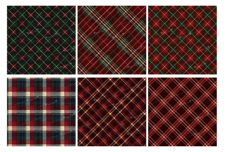 May include: A collection of six plaid patterns in various color schemes. The designs feature intersecting lines in red, green, gold, and navy blue, creating a classic tartan effect. The patterns are suitable for fabric or paper designs.