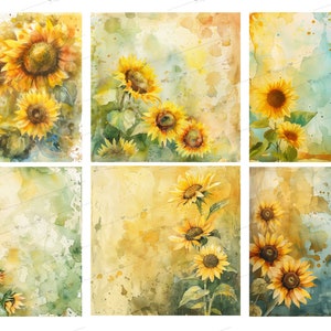 May include: Six watercolor paintings of sunflowers on a textured background. Each painting features a different arrangement of sunflowers with varying shades of yellow and green.