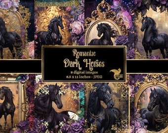 May include: A digital collage of eight images featuring black horses in ornate gold frames with purple flowers and a dark background. The text "Romantic Dark Horses" is displayed in gold lettering.