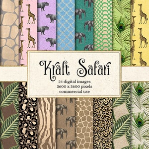 Kraft Safari Digital Paper, rainbow paper textures and African animal print patterns, old paper, vintage safari backgrounds, scrapbook paper