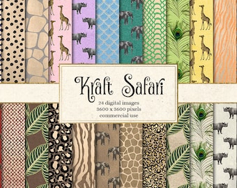 Kraft Safari Digital Paper, rainbow paper textures and African animal print patterns, old paper, vintage safari backgrounds, scrapbook paper