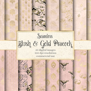 Blush and Gold Peacock Digital Paper, seamless gold peacock patterns printable scrapbook paper for journals and planners commercial use