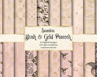 Blush & Gold Peacock Digital Paper, Seamless Patterns (Digital Download)