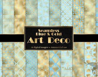 Blaues und Goldes Art Deco Digitales Papier, nahtlose Retro-Muster (digitaler Download)