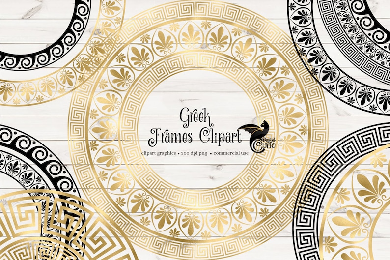 Op de afbeelding: Een set van zes gouden en zwarte frames met een Grieks sleutelpatroon. De frames zijn rond en hebben een decoratief ontwerp. De tekst "Greek Frames Clipart" staat in het midden van de afbeelding.