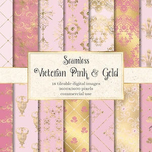 Victorian Pink and Gold Digital Paper, ornate seamless patterns with damask ornaments and printable gold damask for commercial use