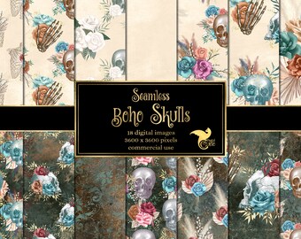 Boho Skull Digital Paper, Seamless Floral Patterns (Digital Download)