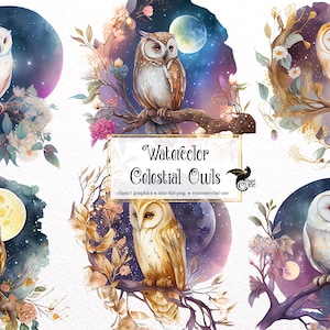 Aquarell Himmel Eulen Clipart - Galaxie Fantasy Eule ClipArt im PNG-Format sofortiger Download für kommerzielle Nutzung