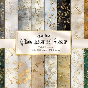 Papel digital de yeso botánico dorado, papel digital de pared de fantasía rústica sin costuras, papel de álbum de recortes imprimible, fondos de tablones de madera