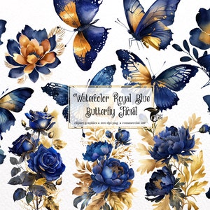 Watercolor Royal Blue Butterfly Floral Clipart - butterflies and flowers in PNG format instant download for commercial use