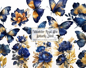 Watercolor Royal Blue Butterfly Floral Clipart - butterflies and flowers in PNG format instant download for commercial use