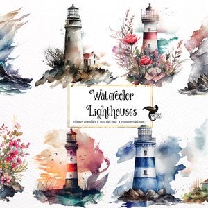 May include: Watercolor illustrations of lighthouses in various settings. Some lighthouses are surrounded by flowers, while others are on rocky shores with waves crashing against them. The text "Watercolor Lighthouses" is written in a decorative font.
