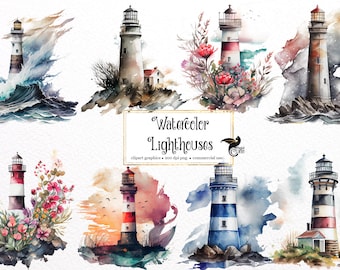 Watercolor Lighthouses Clipart – Nautical Ocean Graphics (PNG Digital Download)