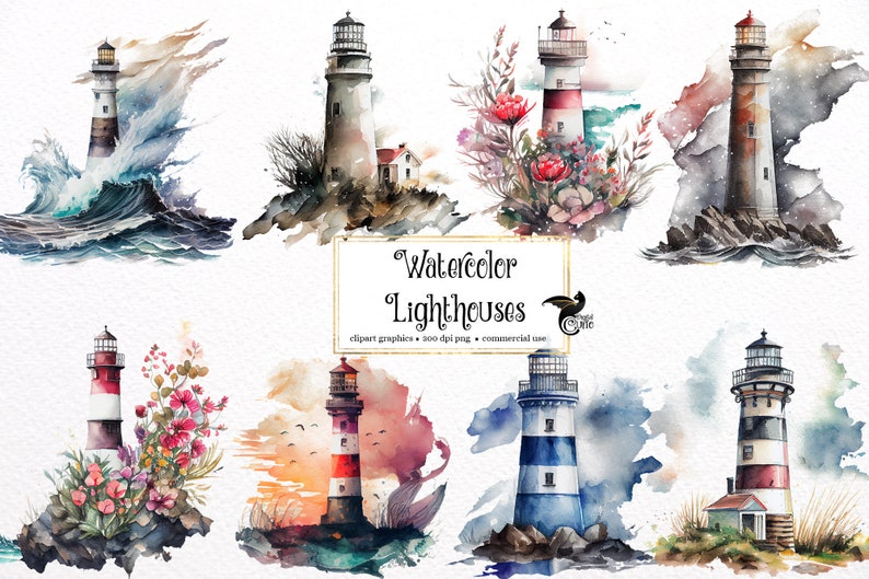 May include: Watercolor illustrations of lighthouses in various settings. Some lighthouses are surrounded by flowers, while others are on rocky shores with waves crashing against them. The text "Watercolor Lighthouses" is written in a decorative font.