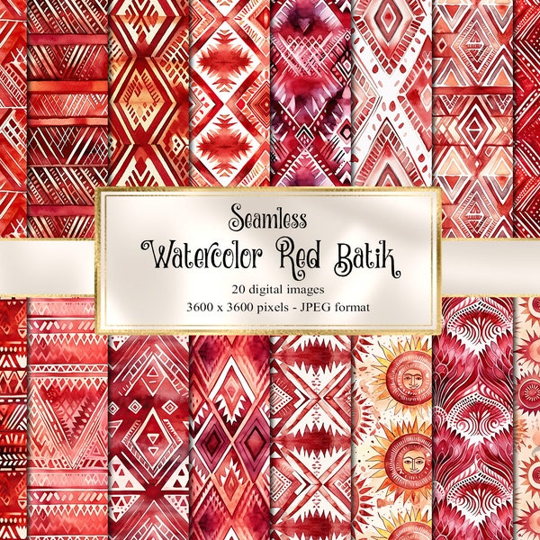 Watercolor Red Batik Digital Paper, seamless tribal printable scrapbook paper instant download for commercial use