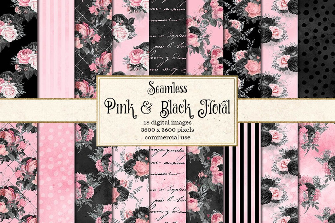 Pink and Black Floral Digital Paper, Vintage Shabby Chic (digital ...