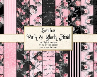 Pink and Black Floral digital paper, shabby black and pink seamless patterns vintage handwriting flower patterns printable baby shower