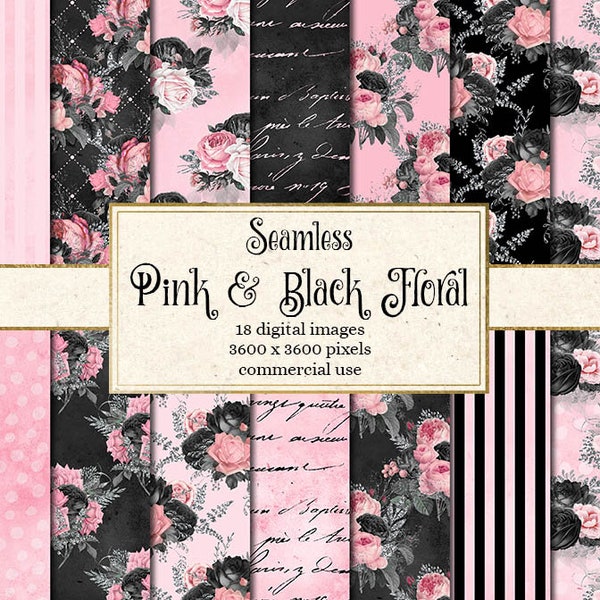 Pink and Black Floral digital paper, shabby black and pink seamless patterns vintage handwriting flower patterns printable baby shower