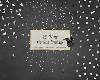 20 Silver Confetti Overlays in PNG format with transparent backgrounds, digital foil confetti clipart instant download for commercial use