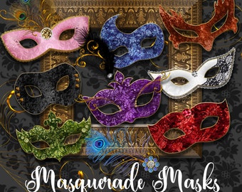 Masquerade Masks Clipart, Mardi Gras mask clip art, Carnival graphics, Venetian mask, costume party digital instant download commercial use