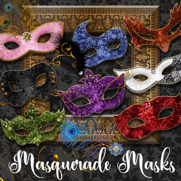 Masquerade Masks Clipart, Mardi Gras mask clip art, Carnival graphics, Venetian mask, costume party digital instant download commercial use