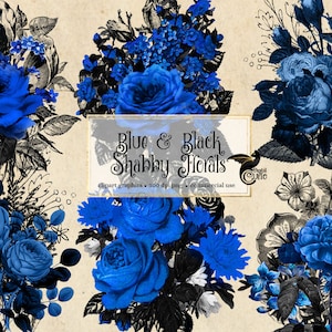 Blue and Black Floral Clip Art, Gothic Shabby Roses (Digital Download)