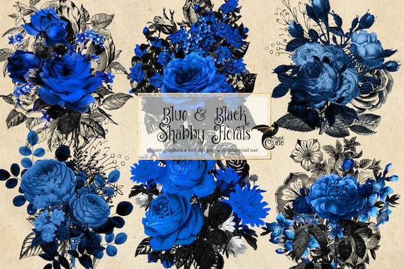 青と黒の花のクリップアート、ゴシックなみすぼらしいバラ（デジタル